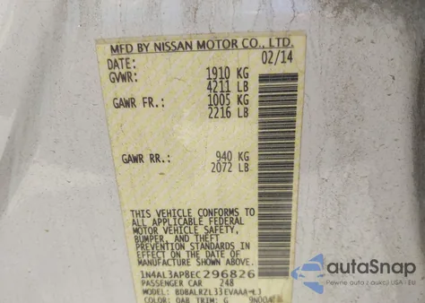 2014 Nissan Altima 2.5 S from USA, damaged, VIN 1N4AL3AP8EC296826